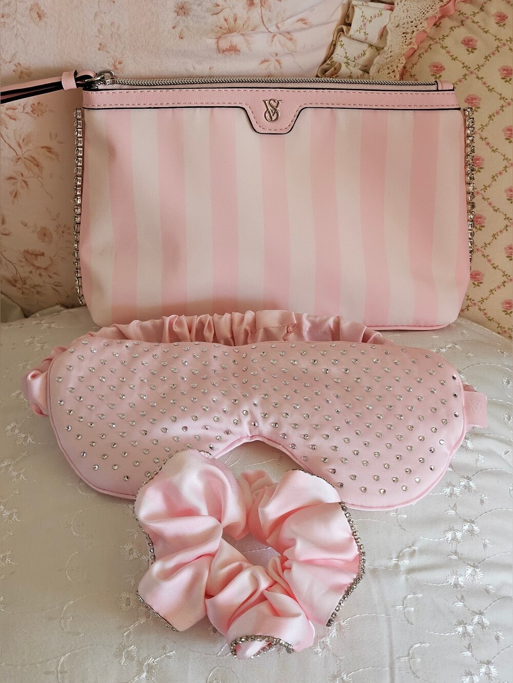 Victoria's Secret Pink Striped Cosmetic Pouch with Eye Mask & Scrunchie